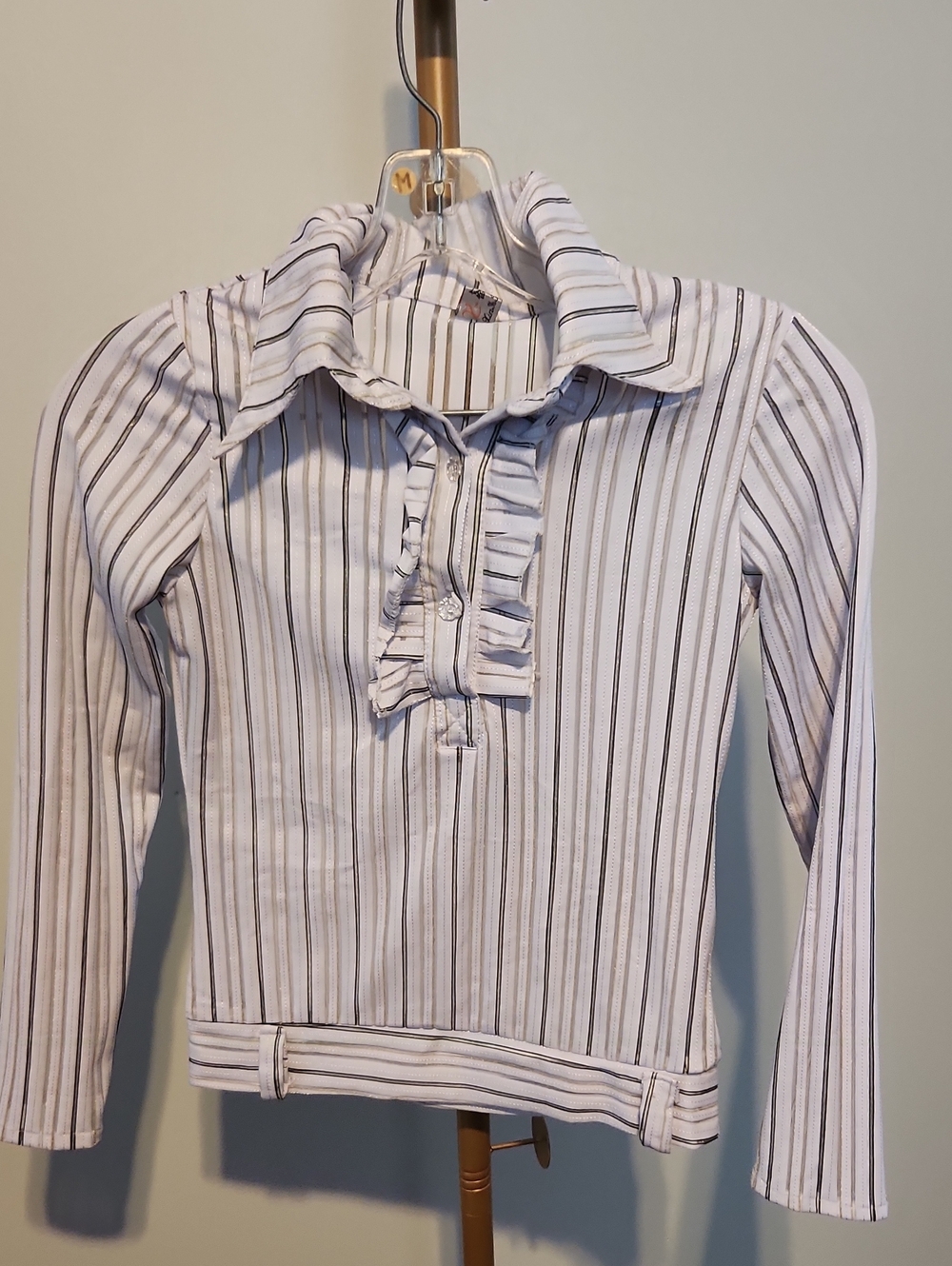 Striped Ruffle Front Long Sleeve Top - White & Black Stripe